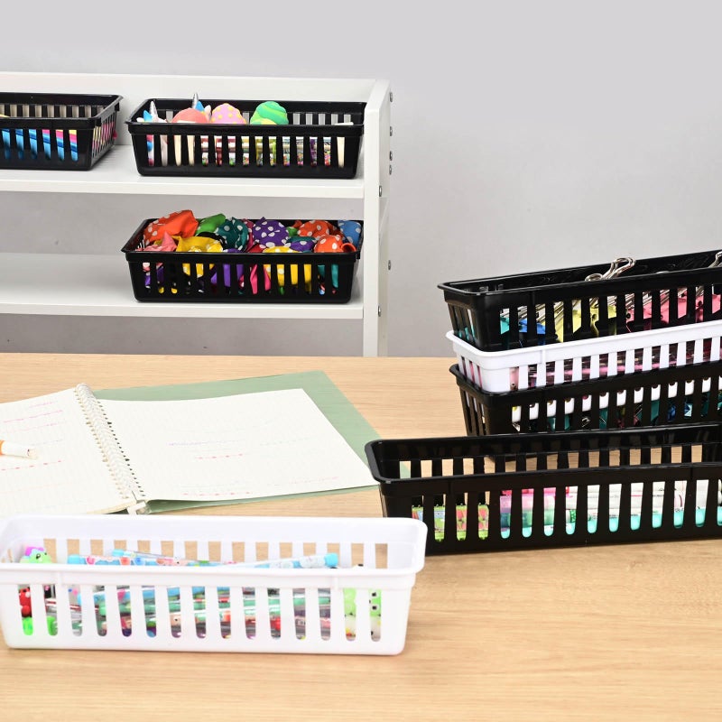 whillar Slim Pencil Organizer Storage Container Color Pencil Marker Crayon Small Plastic Storage Basket Container Tray box for Office Classroom Home (Black and white 9 PCS, S) - Image 3